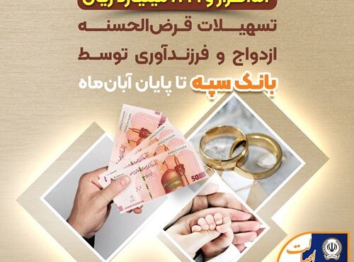 پرداخت 151 هزار و 899 میلیارد ریال تسهیلات قرضالحسنه ازدواج و فرزندآوری توسط بانک سپه تا پایان آبانماه پرداخت 151 هزار و 899 میلیارد ریال تسهیلات قرضالحسنه ازدواج و فرزندآوری توسط بانک سپه تا پایان آبانماه